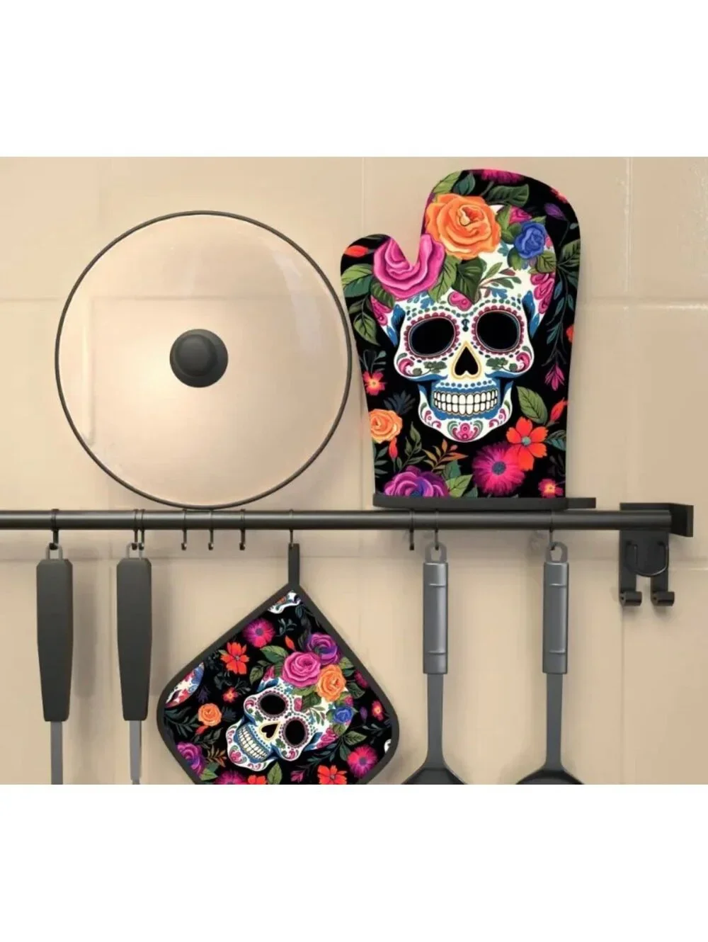 New - 2pcs Floral Skull - Oven Mitts and Pot Holders Set
